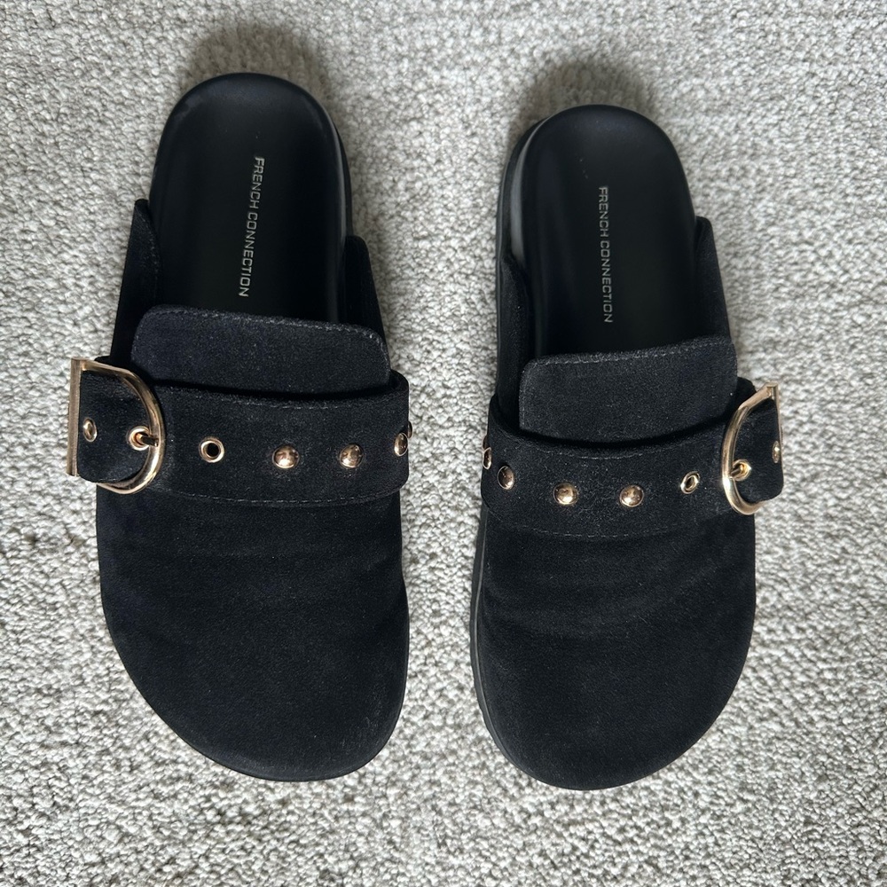 French Connection Black Faux Suede Clogs with Gold Buckle